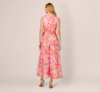 Sleeveless Floral Organza Wide Leg Jumpsuit In Peri Coral Multi