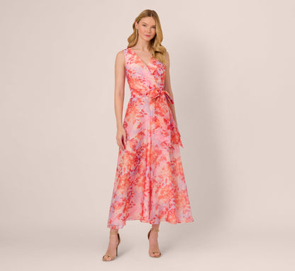 Sleeveless Floral Organza Wide Leg Jumpsuit In Peri Coral Multi