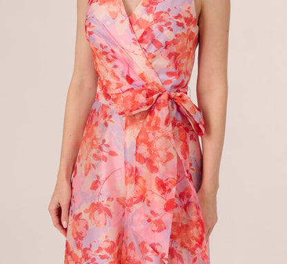 Sleeveless Floral Organza Wide Leg Jumpsuit In Peri Coral Multi