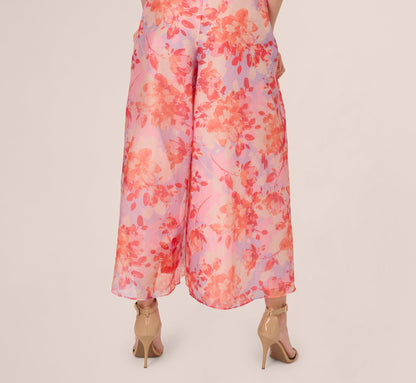 Sleeveless Floral Organza Wide Leg Jumpsuit In Peri Coral Multi