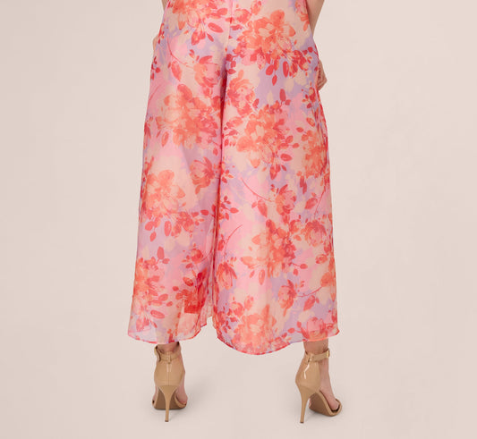 Sleeveless Floral Organza Wide Leg Jumpsuit In Peri Coral Multi
