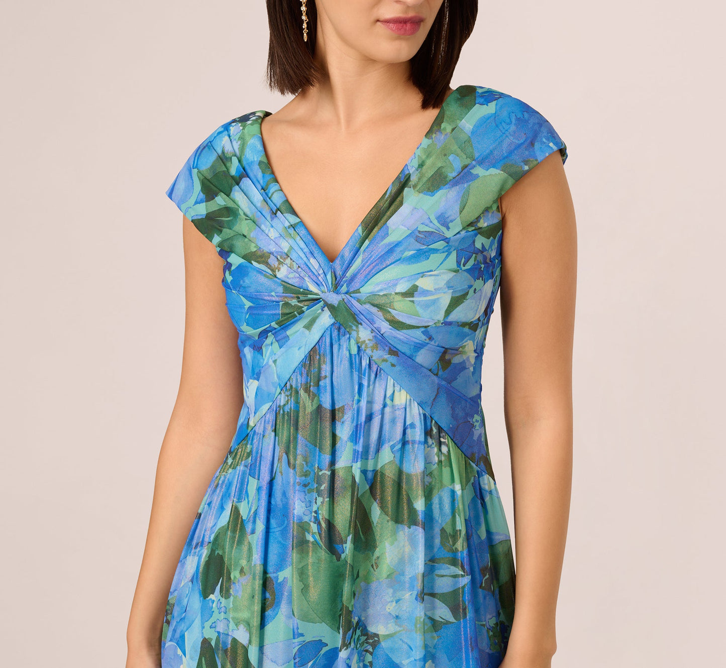 Printed Front Twist Gown In Green Blue Multi