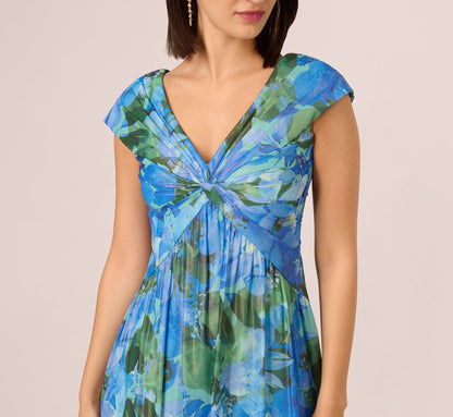 Printed Front Twist Gown In Green Blue Multi
