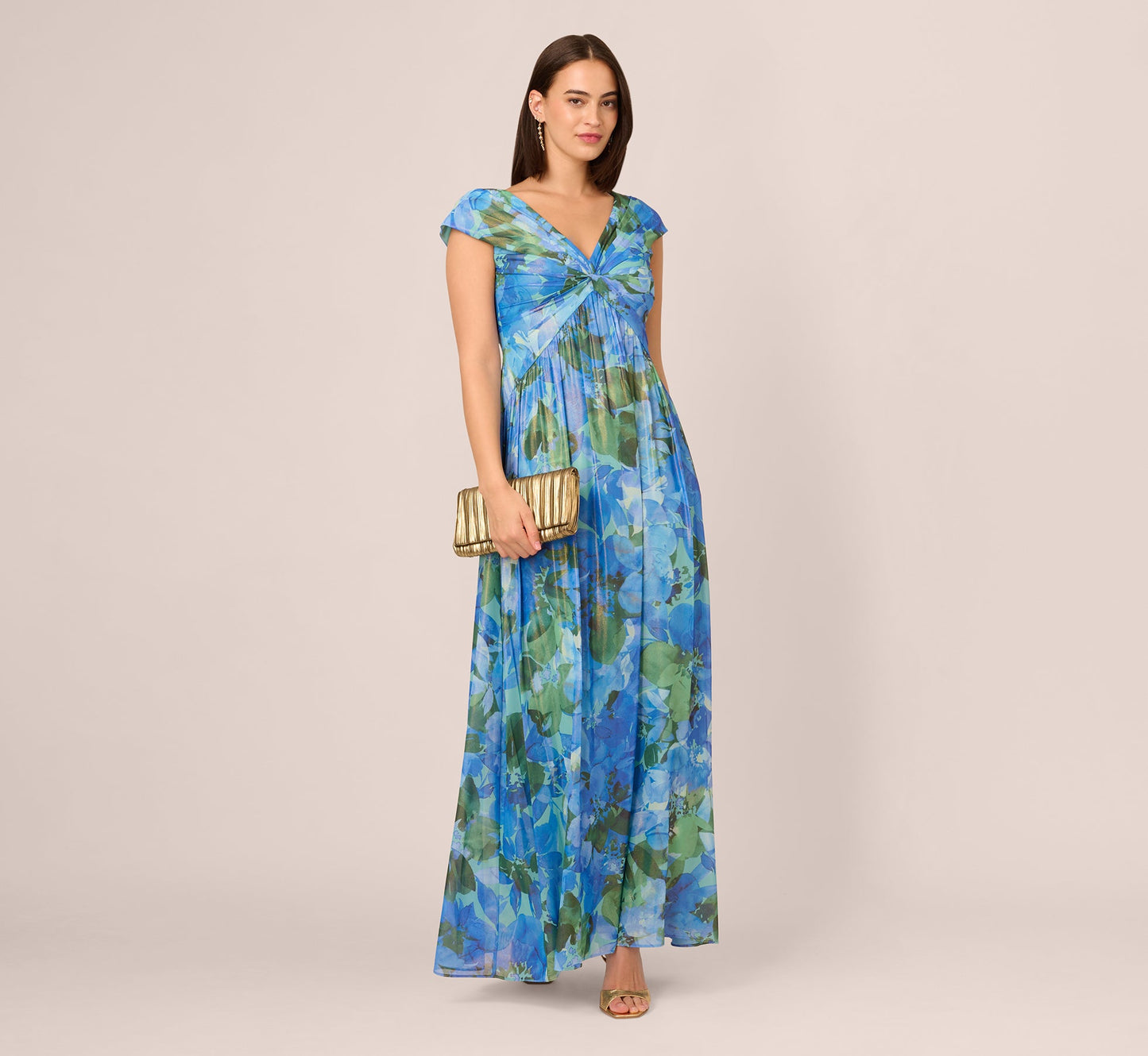 Printed Front Twist Gown In Green Blue Multi