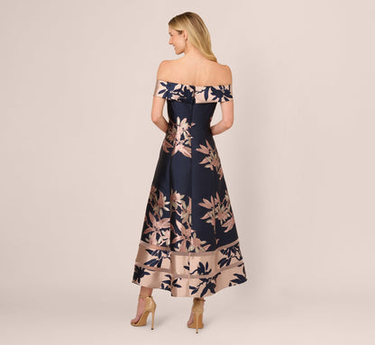 Off Shoulder 2 Tone Jacquard Fit And Flare Midi Dress In Navy Blush