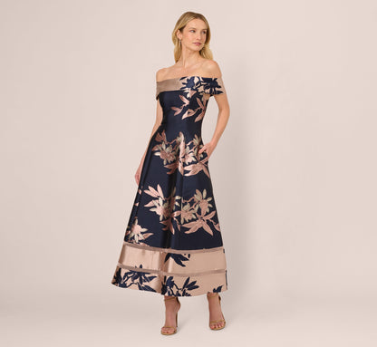 Off Shoulder 2 Tone Jacquard Fit And Flare Midi Dress In Navy Blush
