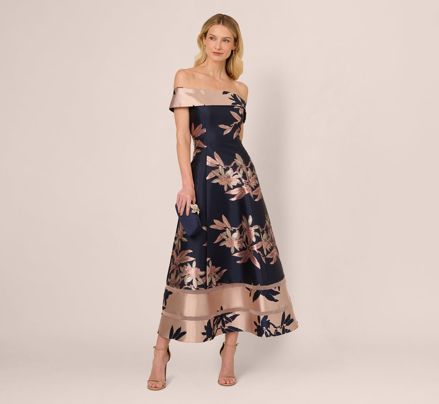 Off Shoulder 2 Tone Jacquard Fit And Flare Midi Dress In Navy Blush