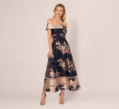 Off Shoulder 2 Tone Jacquard Fit And Flare Midi Dress In Navy Blush
