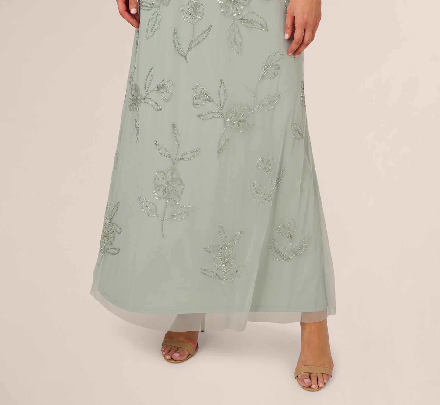 Plus Size Flutter Sleeve Floral Beaded Blouson Gown In Aqua Dust