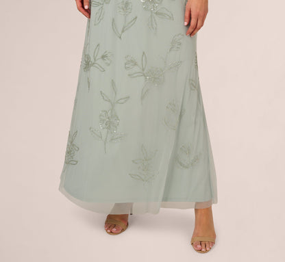 Plus Size Flutter Sleeve Floral Beaded Blouson Gown In Aqua Dust
