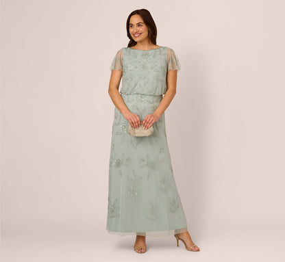 Plus Size Flutter Sleeve Floral Beaded Blouson Gown In Aqua Dust