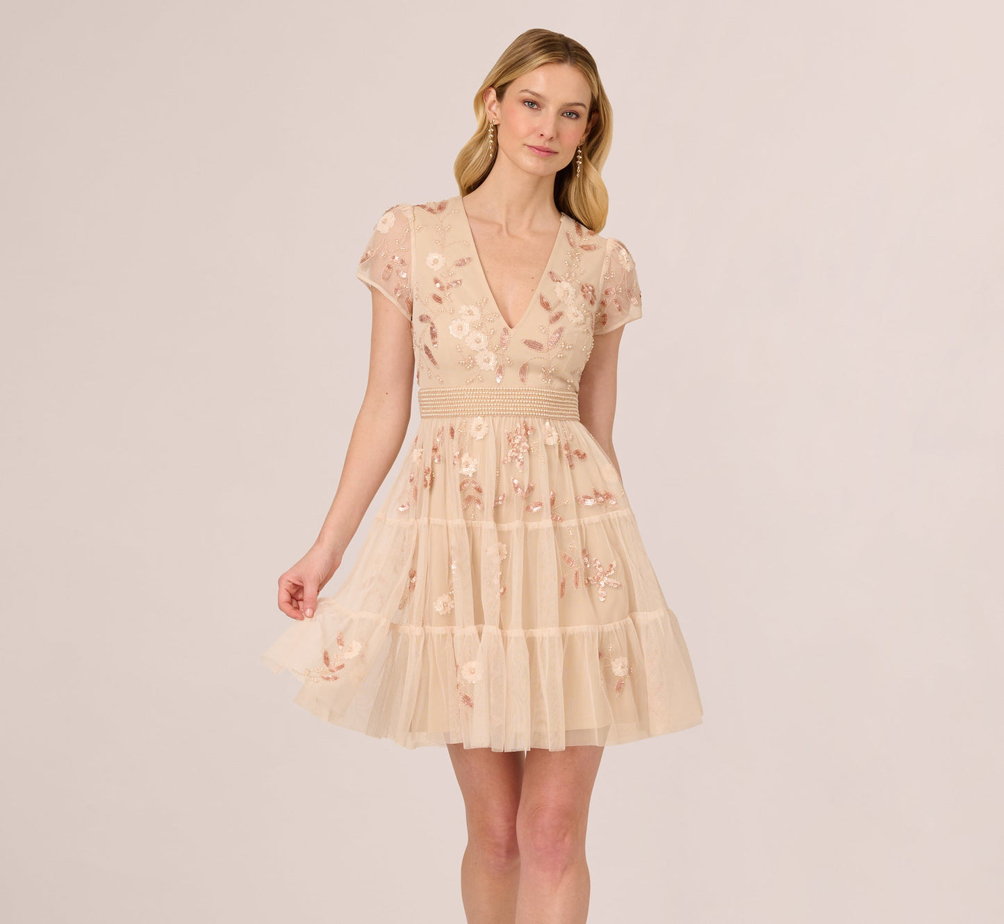 Cap Sleeve Pearly Sequin Cocktail Dress In Pale Pink