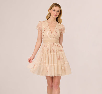 Cap Sleeve Pearly Sequin Cocktail Dress In Pale Pink