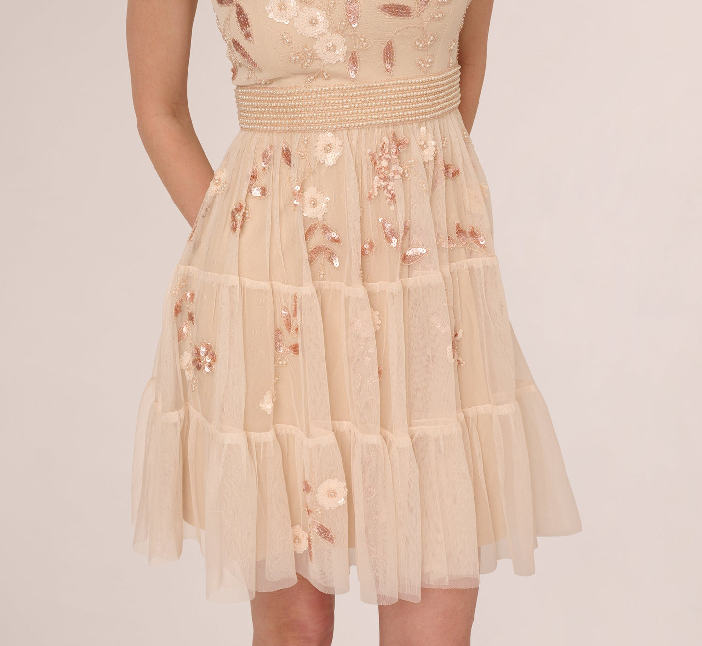 Cap Sleeve Pearly Sequin Cocktail Dress In Pale Pink