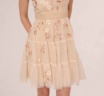 Cap Sleeve Pearly Sequin Cocktail Dress In Pale Pink