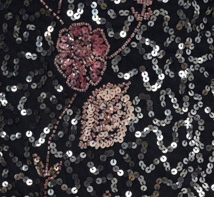 Sleeveless Sequin Floral Beaded Midi Dress In Navy Pink Multi