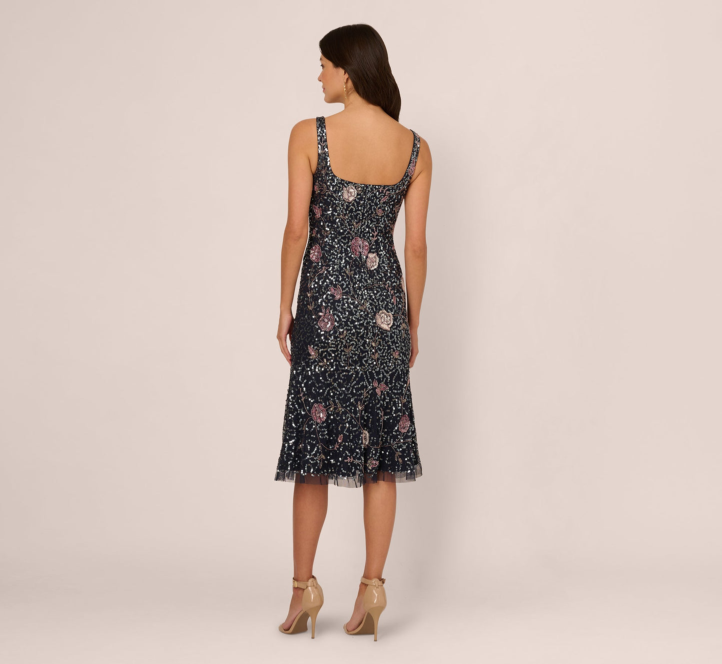 Sleeveless Sequin Floral Beaded Midi Dress In Navy Pink Multi