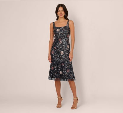 Sleeveless Sequin Floral Beaded Midi Dress In Navy Pink Multi