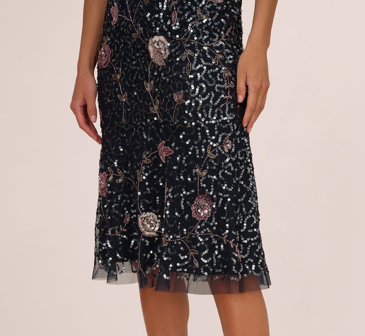Sleeveless Sequin Floral Beaded Midi Dress In Navy Pink Multi