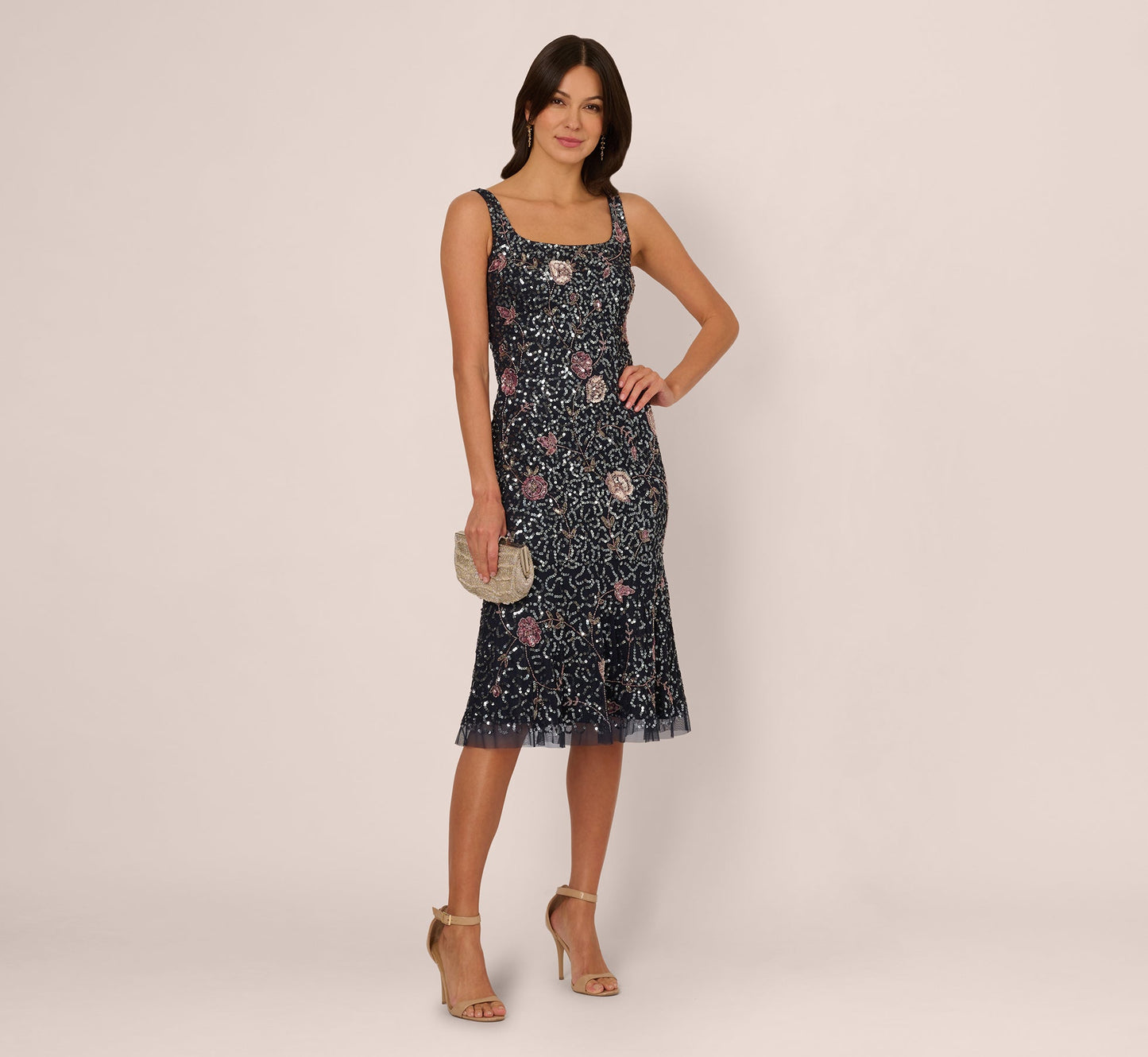 Sleeveless Sequin Floral Beaded Midi Dress In Navy Pink Multi