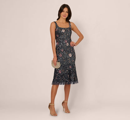 Sleeveless Sequin Floral Beaded Midi Dress In Navy Pink Multi