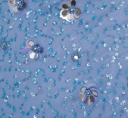 Tulip Sleeve 3D Floral Beaded Mermaid Dress In Bluebell