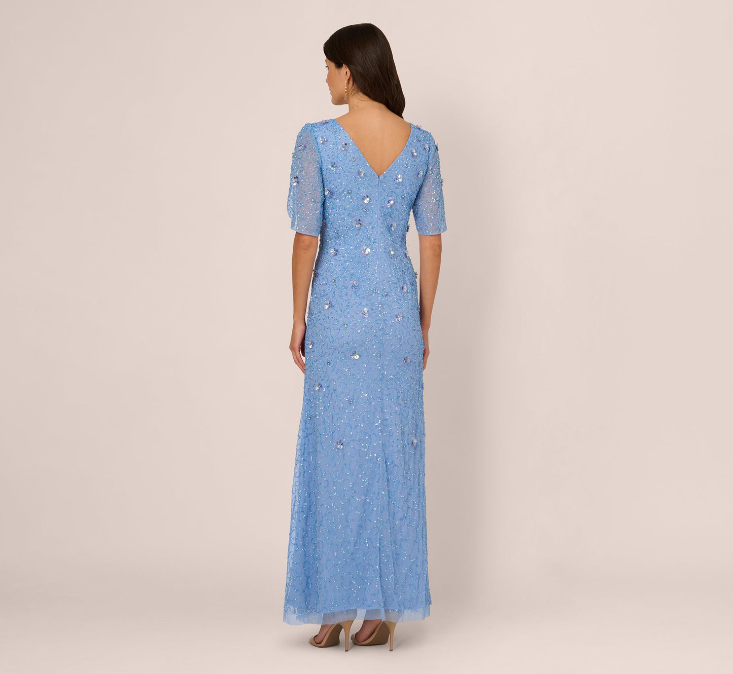 Tulip Sleeve 3D Floral Beaded Mermaid Dress In Bluebell