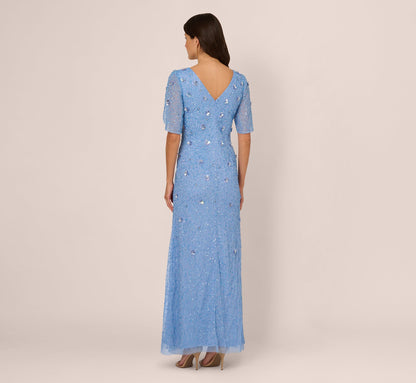 Tulip Sleeve 3D Floral Beaded Mermaid Dress In Bluebell