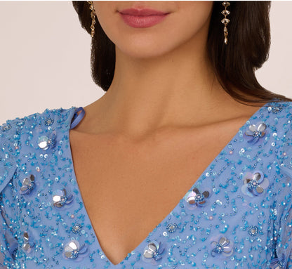 Tulip Sleeve 3D Floral Beaded Mermaid Dress In Bluebell
