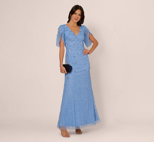 Tulip Sleeve 3D Floral Beaded Mermaid Dress In Bluebell