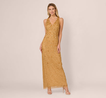 Sleeveless V Neck 3D Floral Beaded Gown In Golden Ray