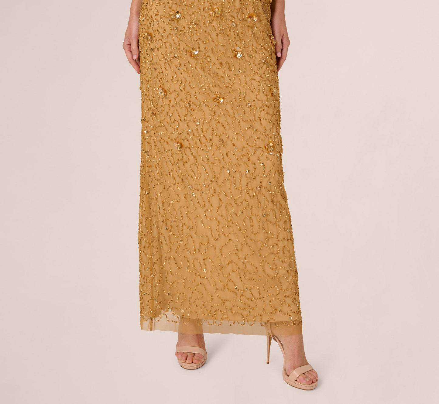 Sleeveless V Neck 3D Floral Beaded Gown In Golden Ray