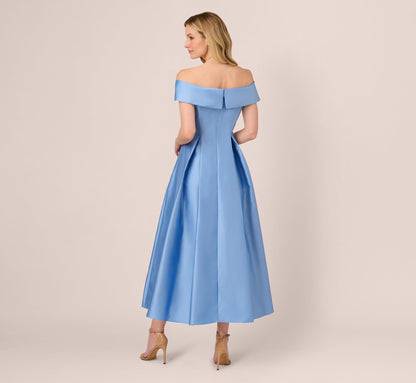 Off Shoulder Mikado Fit And Flare Midi Dress In Bluebell