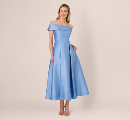Off Shoulder Mikado Fit And Flare Midi Dress In Bluebell