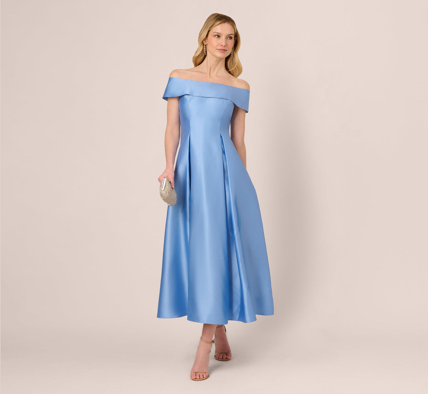 Off Shoulder Mikado Fit And Flare Midi Dress In Bluebell