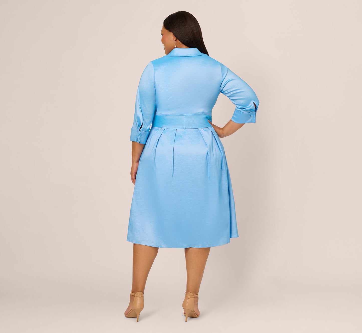 Plus Size Three Quarter Sleeve Taffeta Midi Shirt Dress In Bluebell