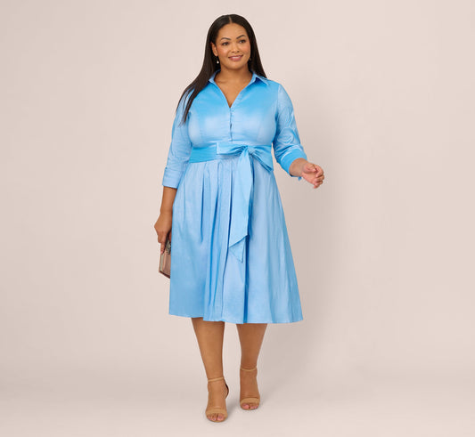 Plus Size Three Quarter Sleeve Taffeta Midi Shirt Dress In Bluebell