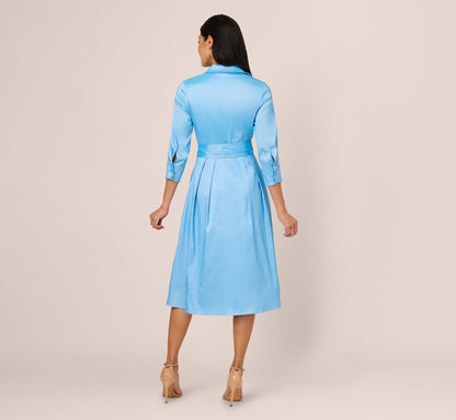 Three Quarter Sleeve Taffeta Midi Shirt Dress In Bluebell