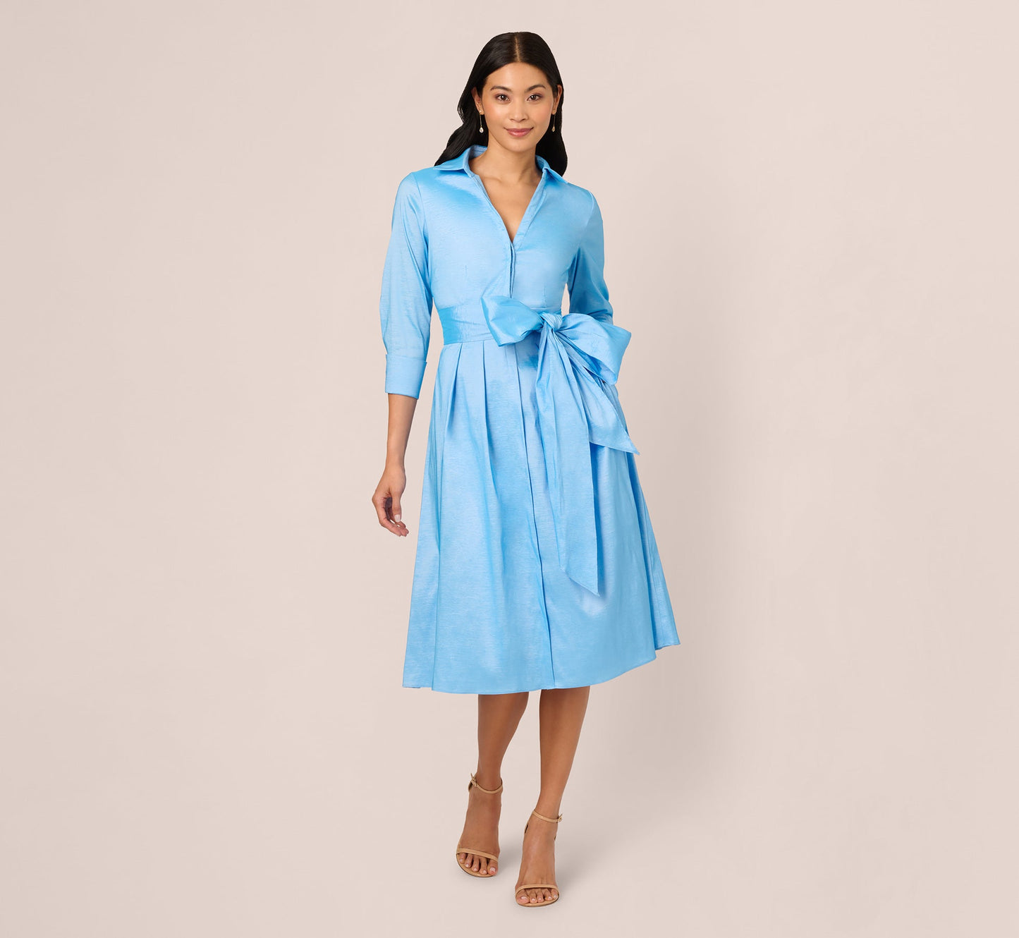 Three Quarter Sleeve Taffeta Midi Shirt Dress In Bluebell