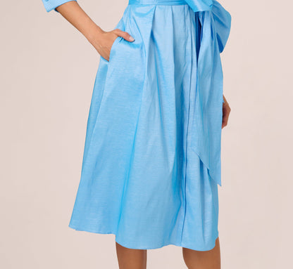 Three Quarter Sleeve Taffeta Midi Shirt Dress In Bluebell