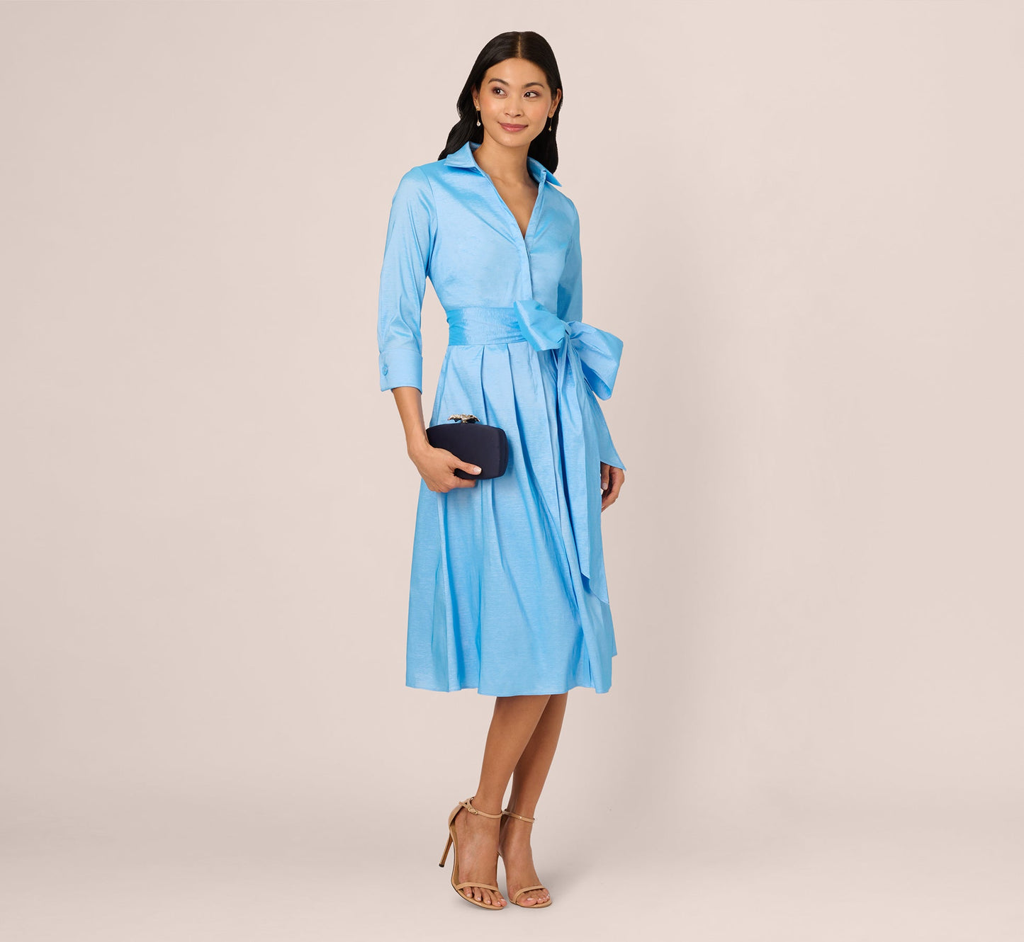 Three Quarter Sleeve Taffeta Midi Shirt Dress In Bluebell