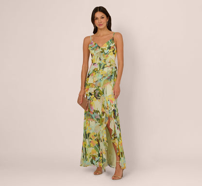 Sleeveless Floral Chiffon Ruffle Cascade Gown In Green Multi