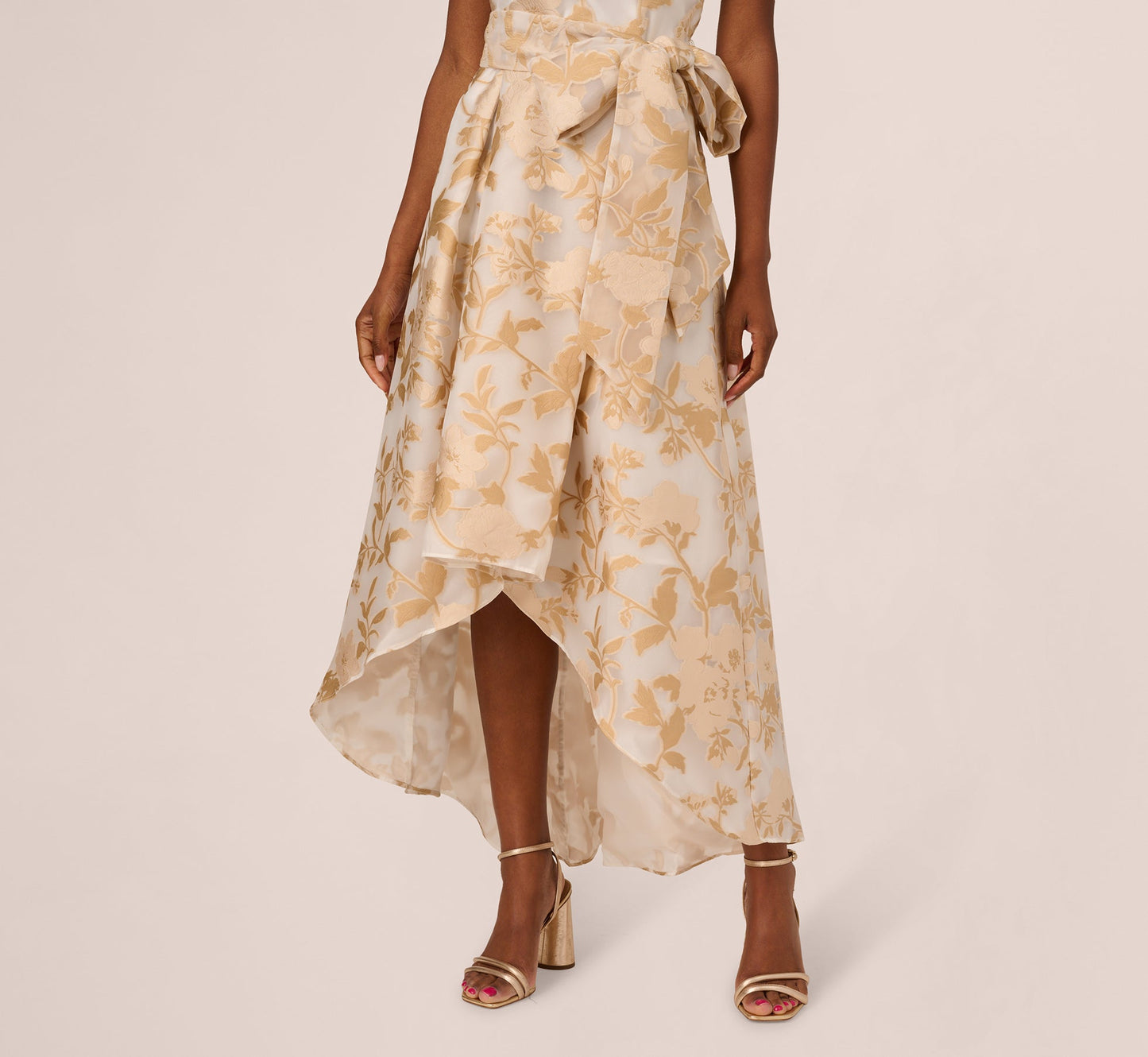 One Shoulder Organza Jacquard High Low Gown In Champagne Ivory