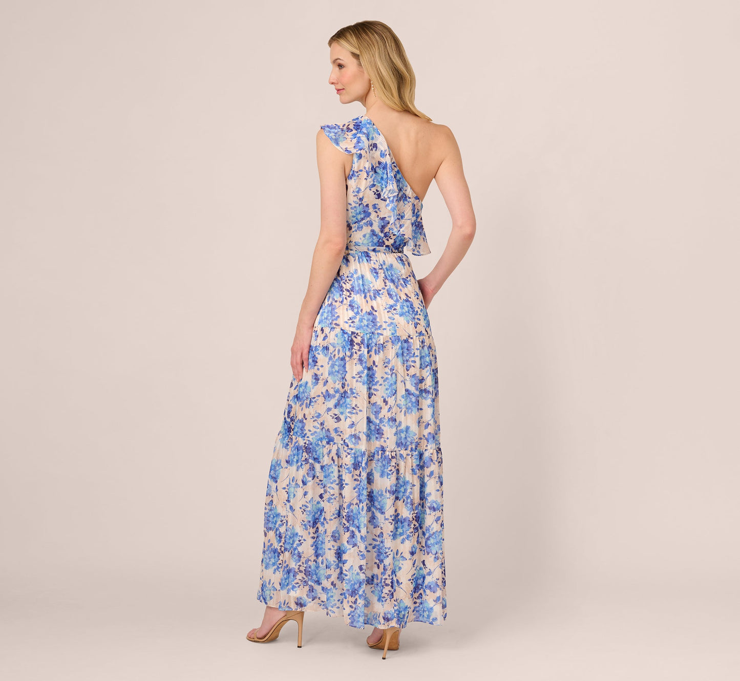 One Shoulder Metallic Stripe Floral Maxi Dress In Champagne Blue Multi