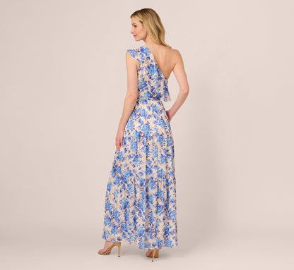 One Shoulder Metallic Stripe Floral Maxi Dress In Champagne Blue Multi