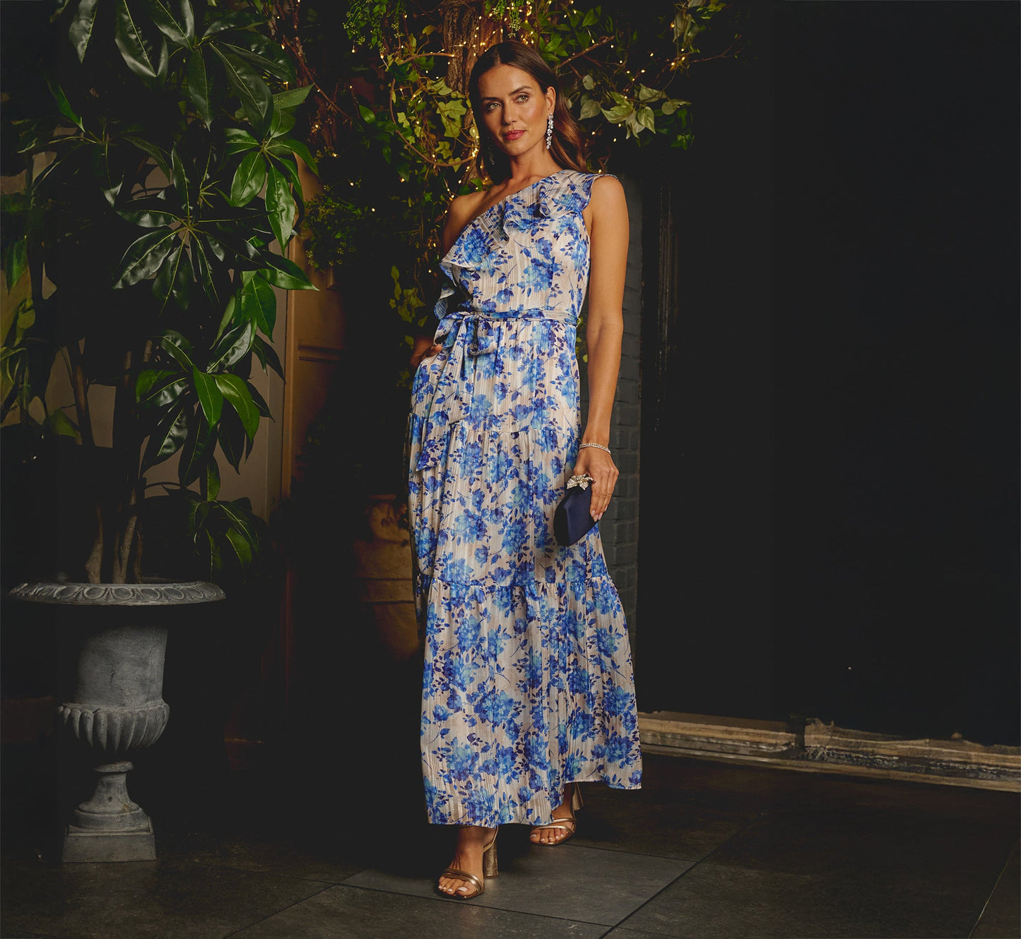 One Shoulder Metallic Stripe Floral Maxi Dress In Champagne Blue Multi