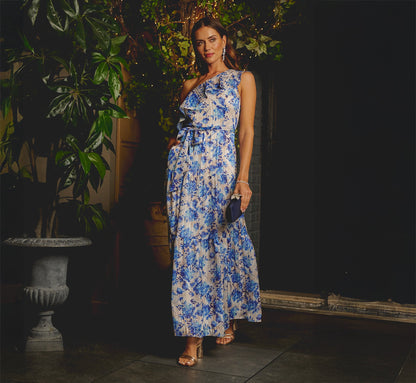 One Shoulder Metallic Stripe Floral Maxi Dress In Champagne Blue Multi