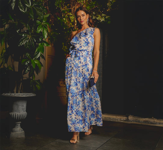 One Shoulder Metallic Stripe Floral Maxi Dress In Champagne Blue Multi