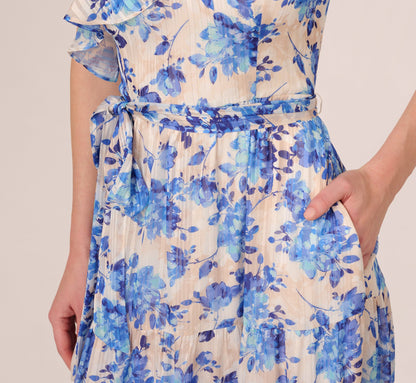 One Shoulder Metallic Stripe Floral Maxi Dress In Champagne Blue Multi