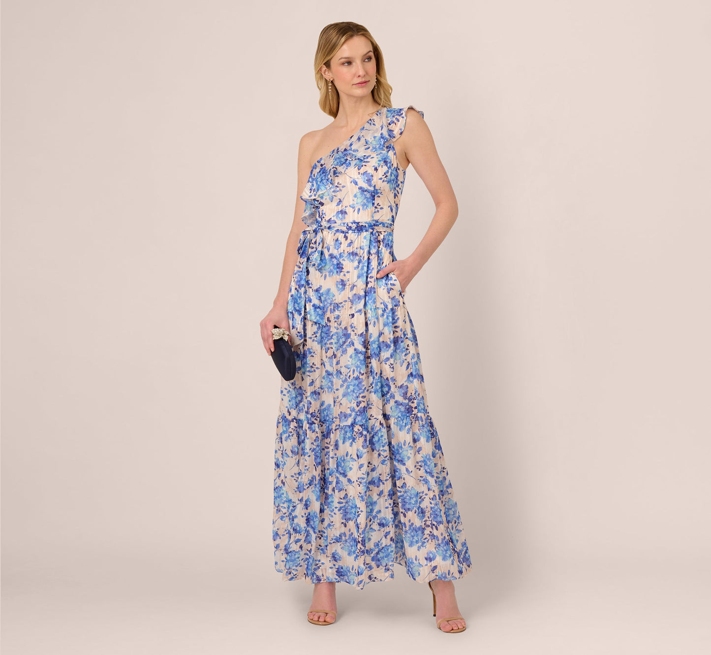 One Shoulder Metallic Stripe Floral Maxi Dress In Champagne Blue Multi